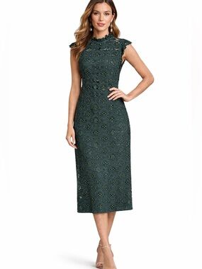 Zara Forest Green Lace Midi Dress with High Neck